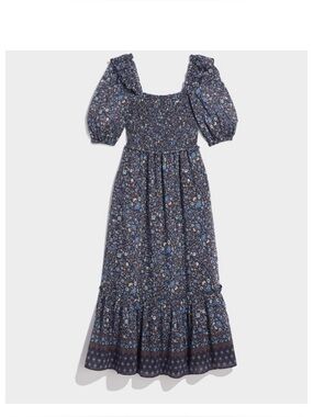 Vineyard Vines Dress Womens XL Blue Floral Smocked Puff Sleeve Midi Cottage Silk